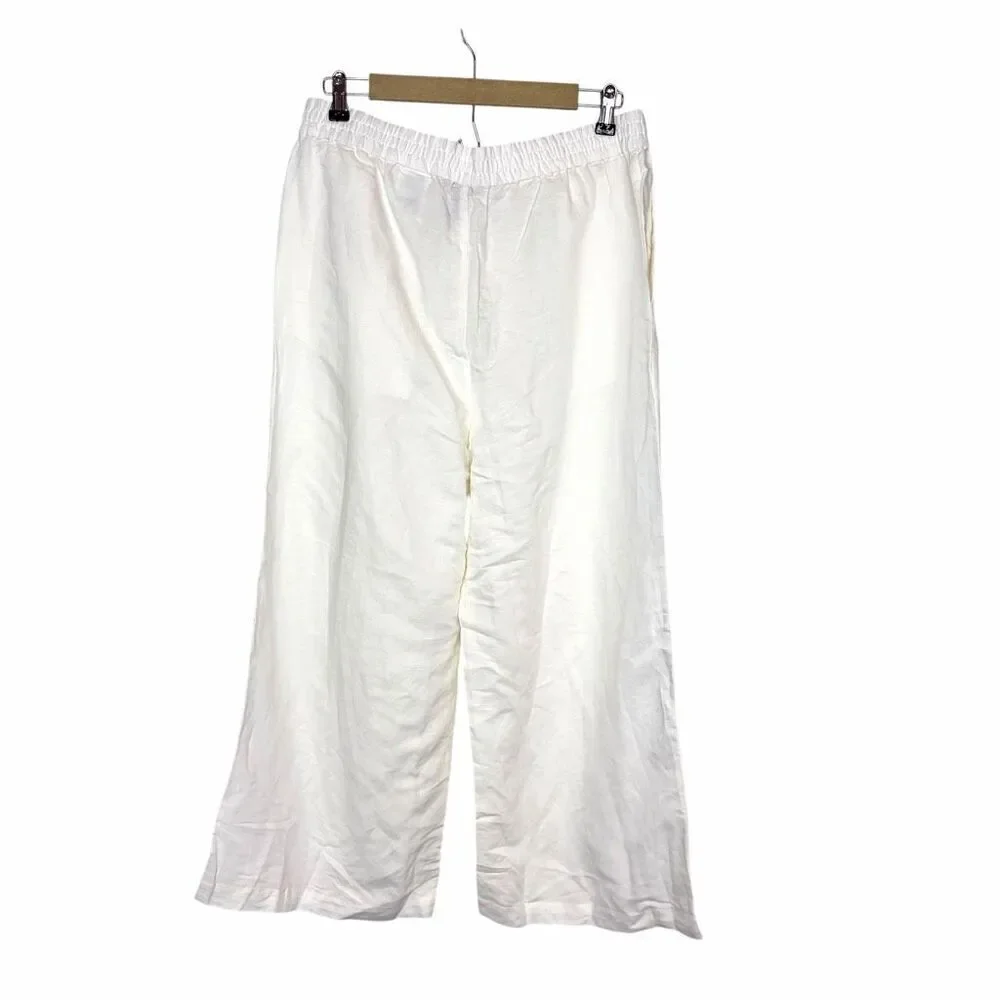 NWT H&M Linen Blend Pants Womens Medium White Elastic Waist Wide Leg Pull On